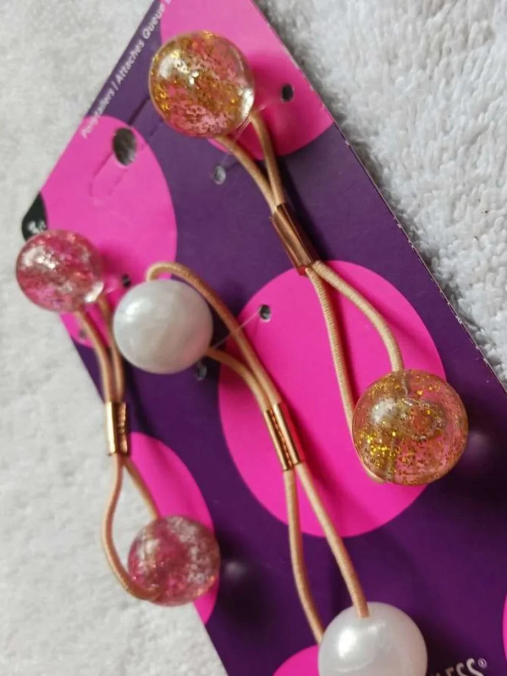 3 Goody Ouchless Twin Bead Ponytailer Elastic Hair Bands Pink Gold Glitter Pearl